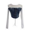 Denim Splicing Mesh Design Long Sleeve T-Shirt with Drawstring Tie Short Fitted Top