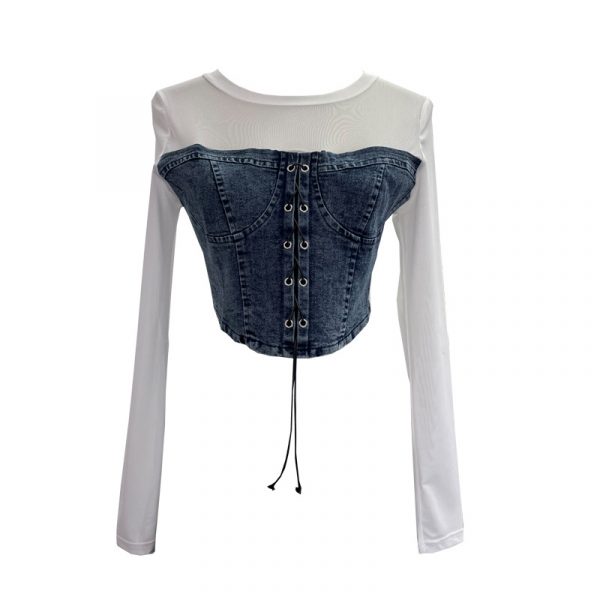Denim Splicing Mesh Design Long Sleeve T-Shirt with Drawstring Tie Short Fitted Top