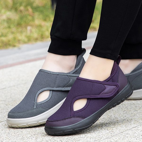 Wide Hook-and-Loop Closure Elderly Walking Shoes Summer Rehabilitation Shoes Simple Lightweight Fly-Knit Mesh Comfortable