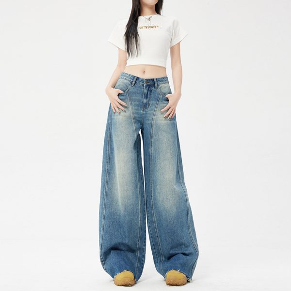 Women's Blue Wide-Leg Scissors Denim Pants Loose Drape Floor-Length Trousers