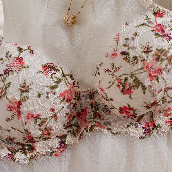 Monet Garden Oil Painting Floral Lace Eyelash Hem Underwear Sexy Hollow Comfortable Gathered Bra Set