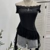 One-Shoulder Mesh T-Shirt Print Short Fitted Top