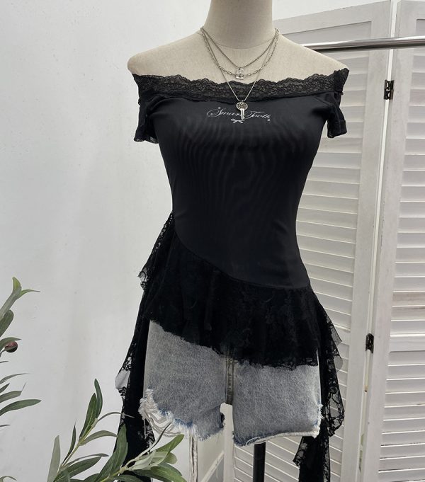 One-Shoulder Mesh T-Shirt Print Short Fitted Top