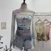 Dyed Mesh Printed Long Sleeve T-Shirt with Spicy Design, Drawstring, Hollow-out Shoulder and Flare Long Sleeve Top