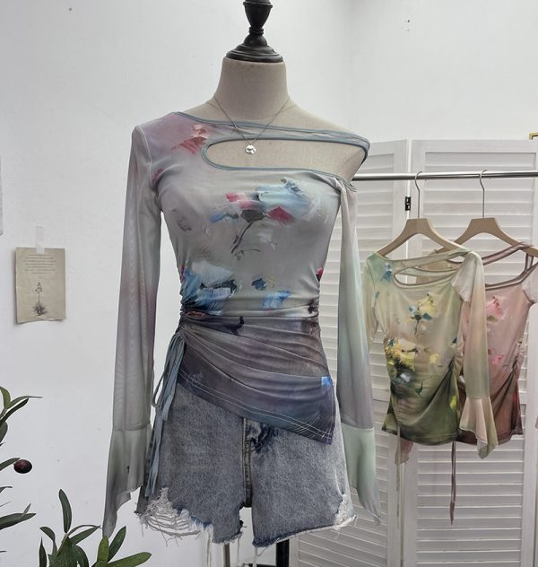 Dyed Mesh Printed Long Sleeve T-Shirt with Spicy Design, Drawstring, Hollow-out Shoulder and Flare Long Sleeve Top