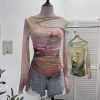 Dyed Mesh Printed Long Sleeve T-Shirt with Spicy Design, Drawstring, Hollow-out Shoulder and Flare Long Sleeve Top