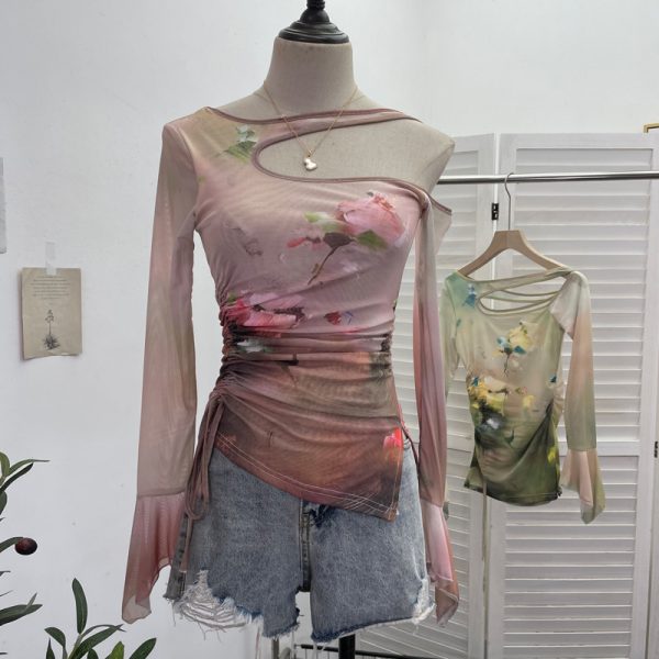 Dyed Mesh Printed Long Sleeve T-Shirt with Spicy Design, Drawstring, Hollow-out Shoulder and Flare Long Sleeve Top