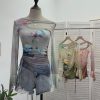 Dyed Mesh Printed Long Sleeve T-Shirt with Spicy Design, Drawstring, Hollow-out Shoulder and Flare Long Sleeve Top
