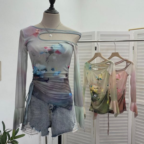 Dyed Mesh Printed Long Sleeve T-Shirt with Spicy Design, Drawstring, Hollow-out Shoulder and Flare Long Sleeve Top
