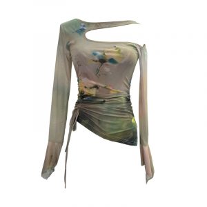 Dyed Mesh Printed Long Sleeve T-Shirt with Spicy Design, Drawstring, Hollow-out Shoulder and Flare Long Sleeve Top