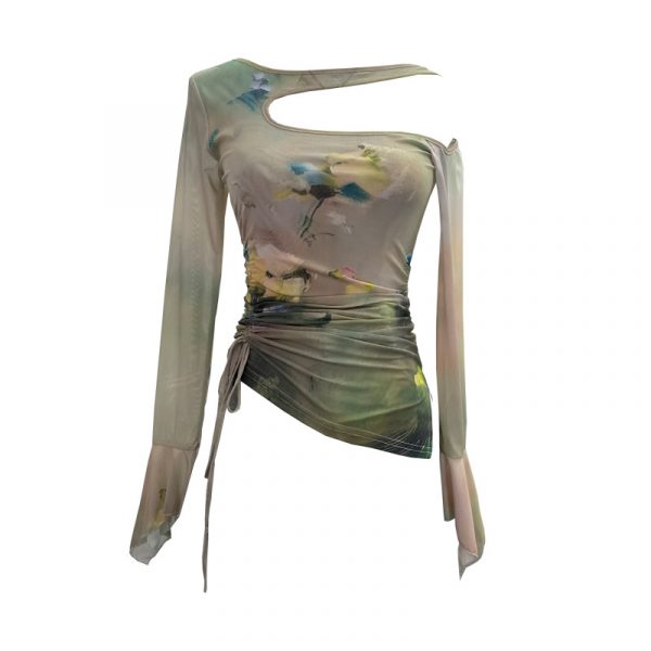 Dyed Mesh Printed Long Sleeve T-Shirt with Spicy Design, Drawstring, Hollow-out Shoulder and Flare Long Sleeve Top