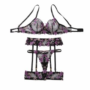 Purple Sexy Lace Embroidered Bra Collar Bra Underwear Set