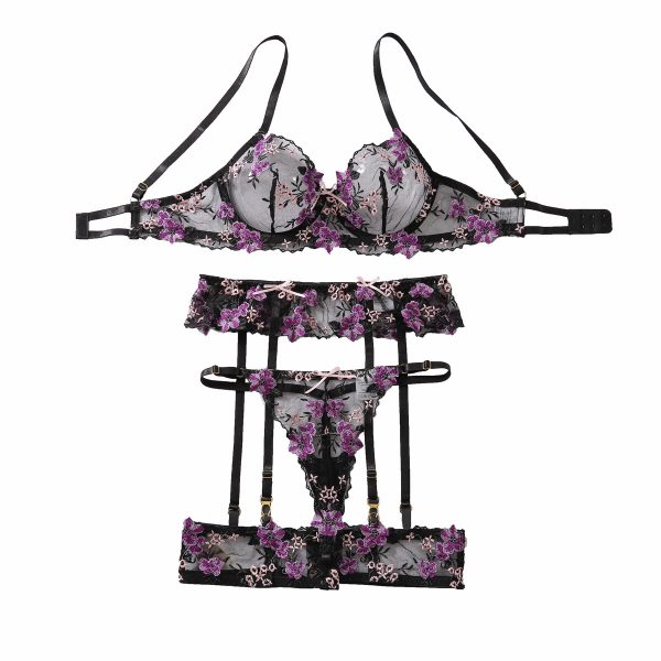 Purple Sexy Lace Embroidered Bra Collar Bra Underwear Set