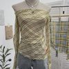 Plaid one shoulder slim embroidered top