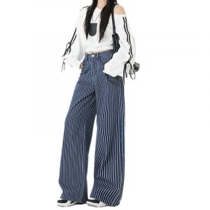 Women's Dark Blue Striped Wide-Leg Jeans Loose Casual Straight Floor-Length Pants