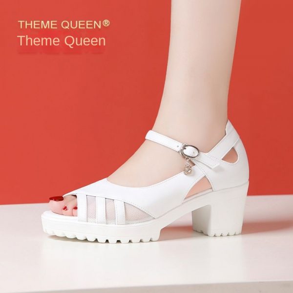 One-Strap High Heel Genuine Leather Sandals for Women White Chunky Heel Thick Sole Waterproof Platform Versatile Wide Size Mother Shoes
