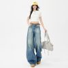 Women's Blue Wide-Leg Scissors Denim Pants Loose Drape Floor-Length Trousers