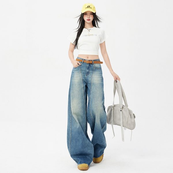 Women's Blue Wide-Leg Scissors Denim Pants Loose Drape Floor-Length Trousers