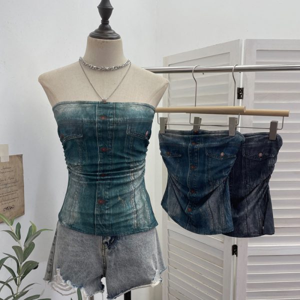 Denim Pattern Tie-Dye Printed Mesh Spaghetti Strap Top
