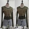 Denim Patchwork Frayed Binding Slim Long Sleeve Short Mesh Top T-Shirt