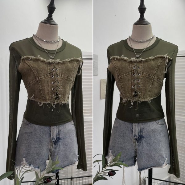 Denim Patchwork Frayed Binding Slim Long Sleeve Short Mesh Top T-Shirt