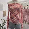 Plaid one shoulder slim embroidered top