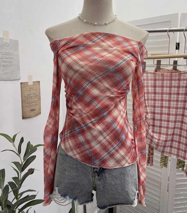 Plaid one shoulder slim embroidered top
