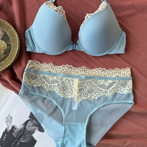 Sexy Women's Underwear Front Closure Backless Small Chest Gathering Bra Anti-Sagging Plus Size Lace Bra Set