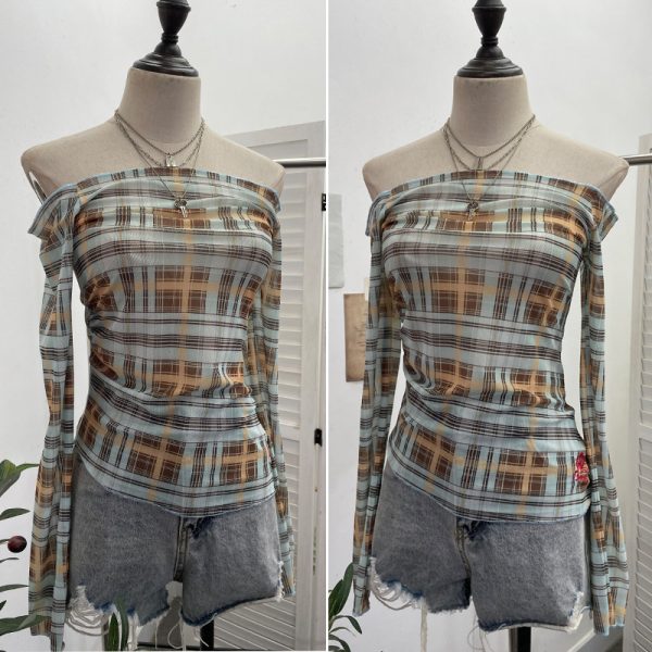 Plaid one shoulder slim embroidered top