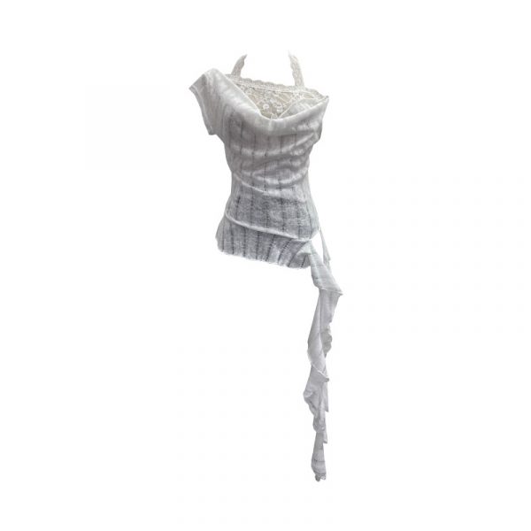 Lace Splicing Swing Collar Halter Off-Shoulder T-Shirt Women