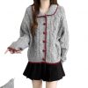 Style Temperament Heart Buckle Peter Pan Collar Knitted Cardigan Women Loose Cute Wind Sweater Jacket