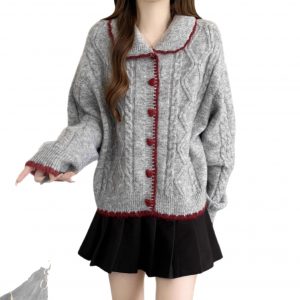 Style Temperament Heart Buckle Peter Pan Collar Knitted Cardigan Women Loose Cute Wind Sweater Jacket