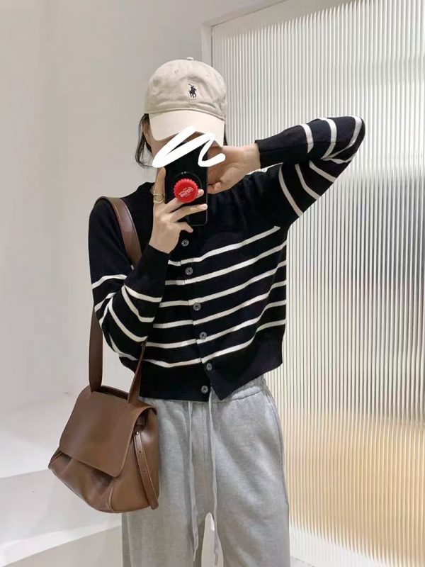 Color Block Stripe Knit Cardigan Version Loose Fit Versatile High-Grade Temperament Sweater Coat for Women
