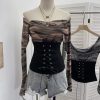 Waist tied horn long sleeved top short T-shirt