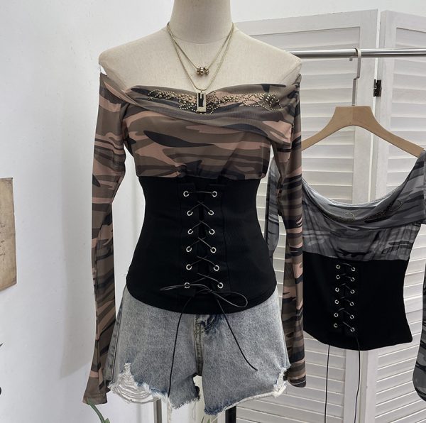 Waist tied horn long sleeved top short T-shirt