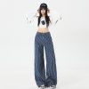 Women's Dark Blue Striped Wide-Leg Jeans Loose Casual Straight Floor-Length Pants