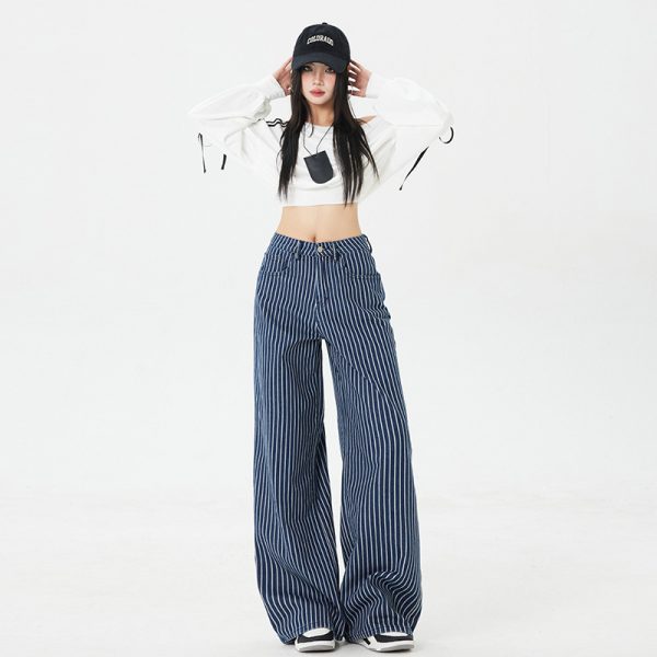 Women's Dark Blue Striped Wide-Leg Jeans Loose Casual Straight Floor-Length Pants