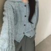 Retro Cable Knit Collar Cardigan Women's Loose Fit Versatile Lazy Style Sweater Jacket