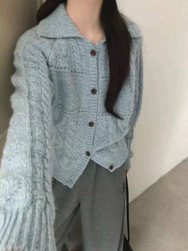 Retro Cable Knit Collar Cardigan Women's Loose Fit Versatile Lazy Style Sweater Jacket