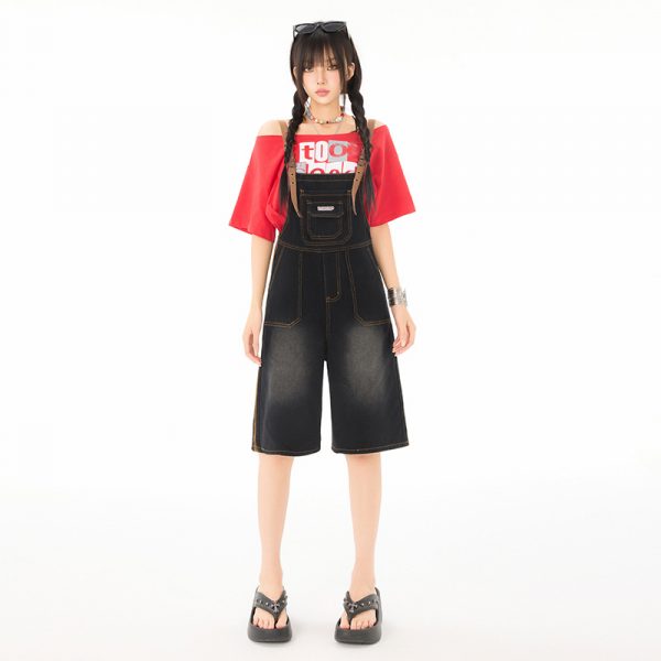 Women's Denim Overalls Summer Strap Design Loose  Age-Reducing Wide-Leg Pants