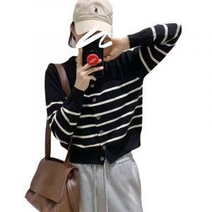 Color Block Stripe Knit Cardigan Version Loose Fit Versatile High-Grade Temperament Sweater Coat for Women