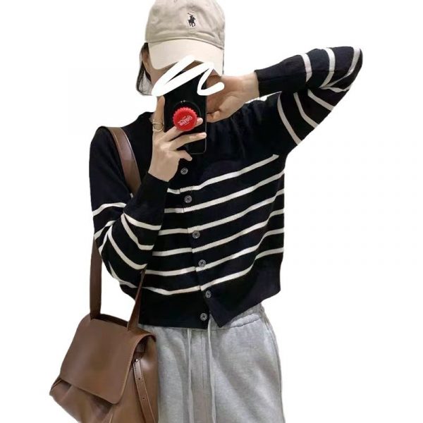 Color Block Stripe Knit Cardigan Version Loose Fit Versatile High-Grade Temperament Sweater Coat for Women