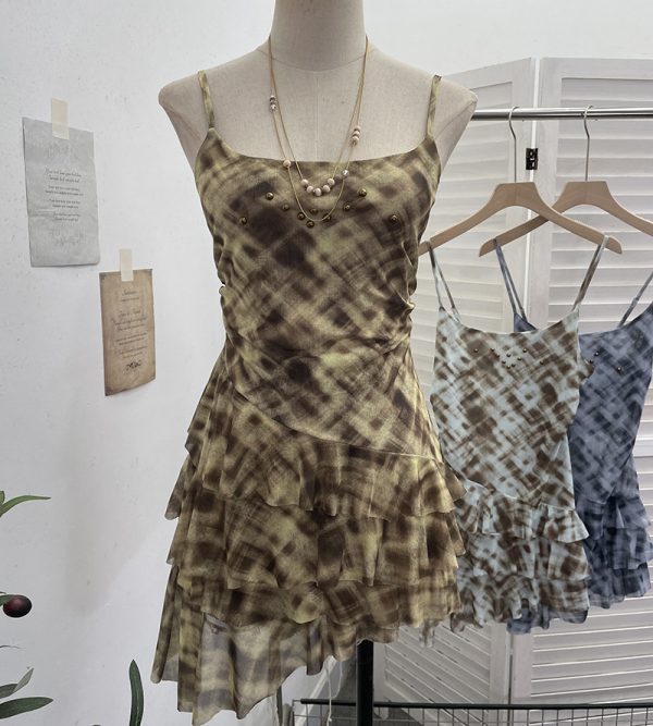 Irregular Rivet Mesh Camisole Dress with Ruffle Strap Sleeveless Top
