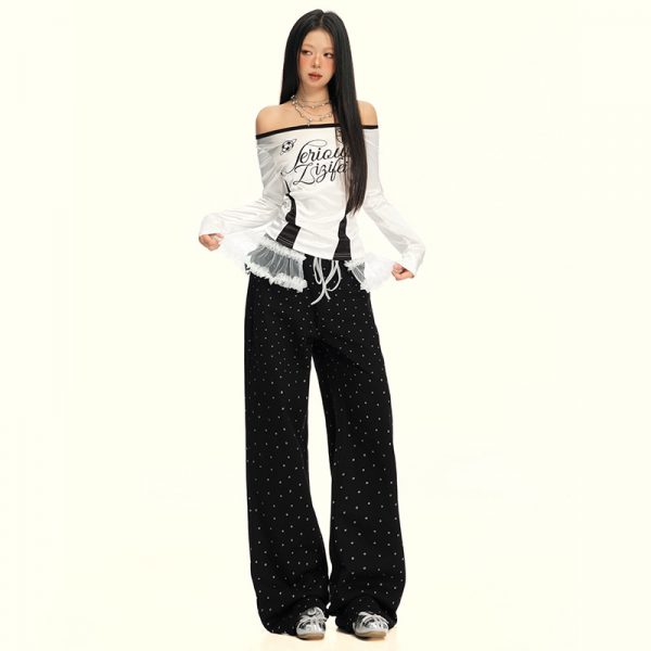Women's Black and White Polka Dot Slimming Loose Straight Jeans  High Waist Wide Leg Pants