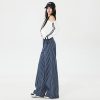Women's Dark Blue Striped Wide-Leg Jeans Loose Casual Straight Floor-Length Pants
