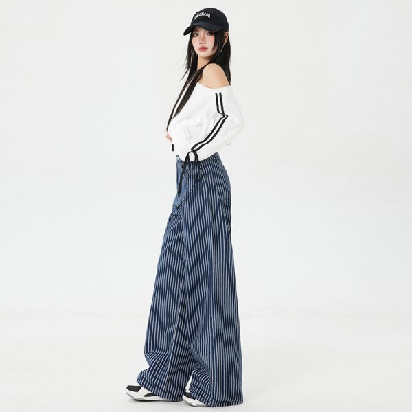 Women's Dark Blue Striped Wide-Leg Jeans Loose Casual Straight Floor-Length Pants