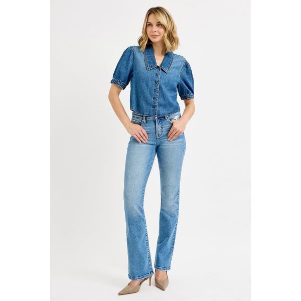 RISEN Button Down Puff Sleeve Crop Denim Shirt