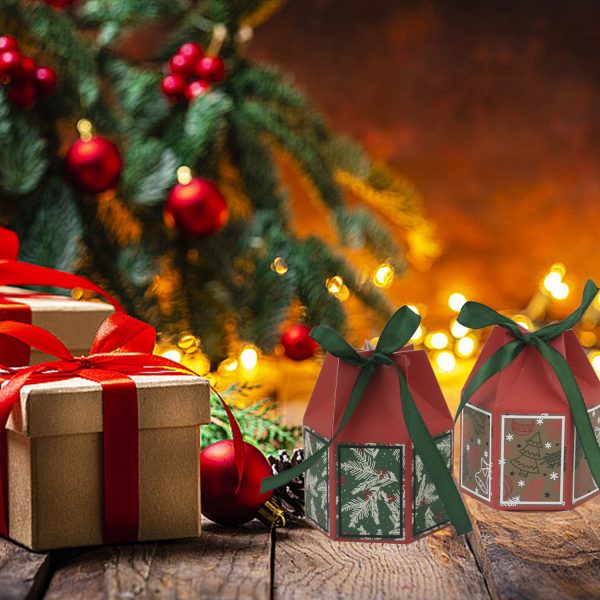 20PCS Christmas Treat Boxes With Ribbons Paper Christmas Tree Bells Pattern Goodie Box Retro Candy Bakery Box For Christmas Party Favors Wrapping Supplies