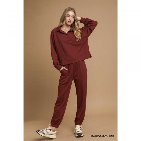 Umgee Exposed Seam Long Sleeve Polo Top with Side Slit