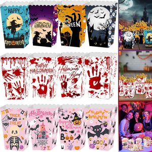 12Pcs Halloween Popcorn Box 3 Style Trick Or Treating Snack Treat Box Bloodstain Ghost Castle Bat Pattern Candy Cookie Container For Halloween Party Supplies